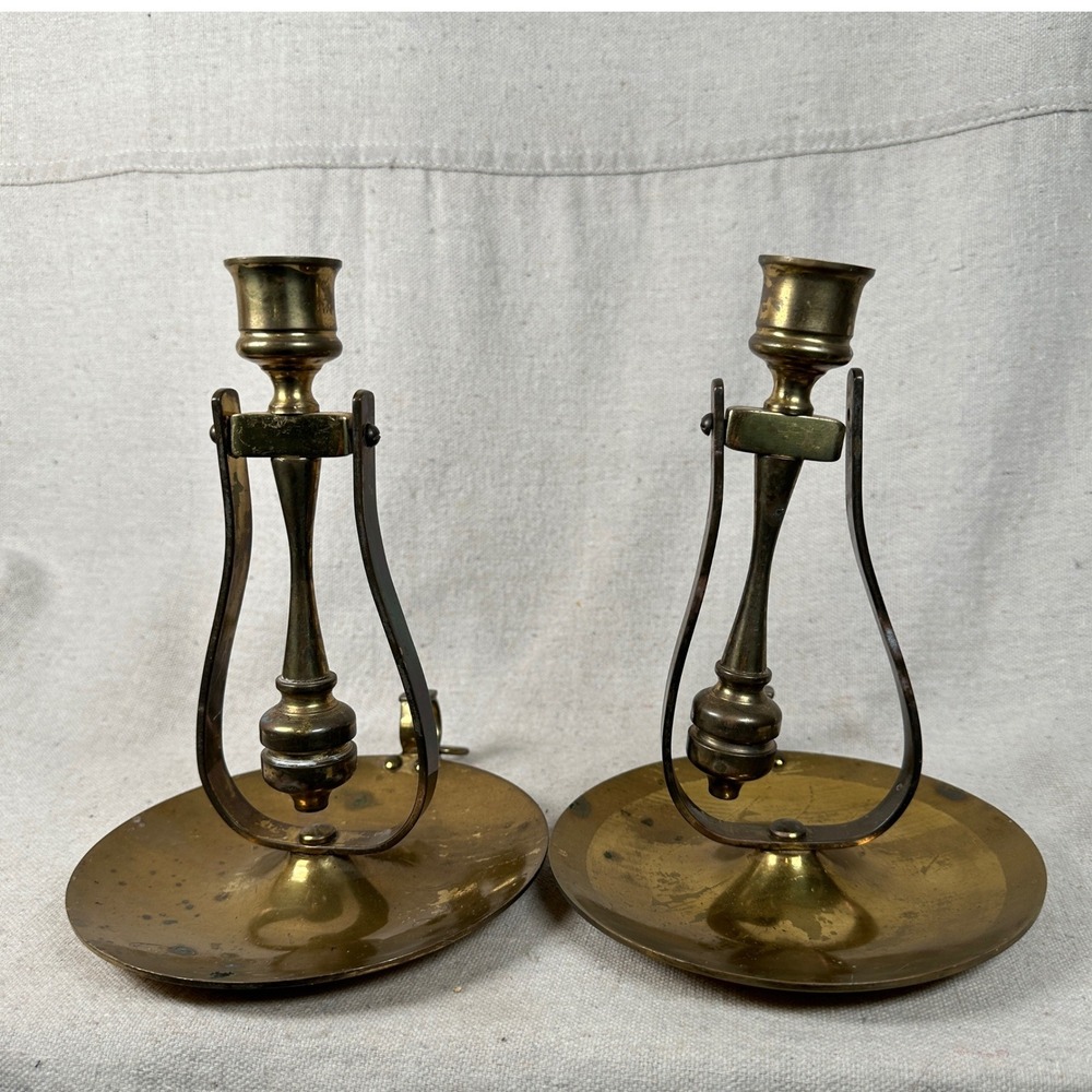 Vintage Brass Gimbal Ship Candlesticks Set of 2 Nautical Taper Candle Holders - Picture 3 of 10